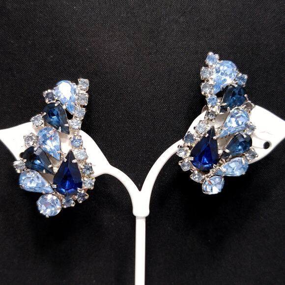 Vintage Blue Rhinestone Clip Earrings, Ear Climbers, Rhodium Plated, 1960s - Picture 1 of 10